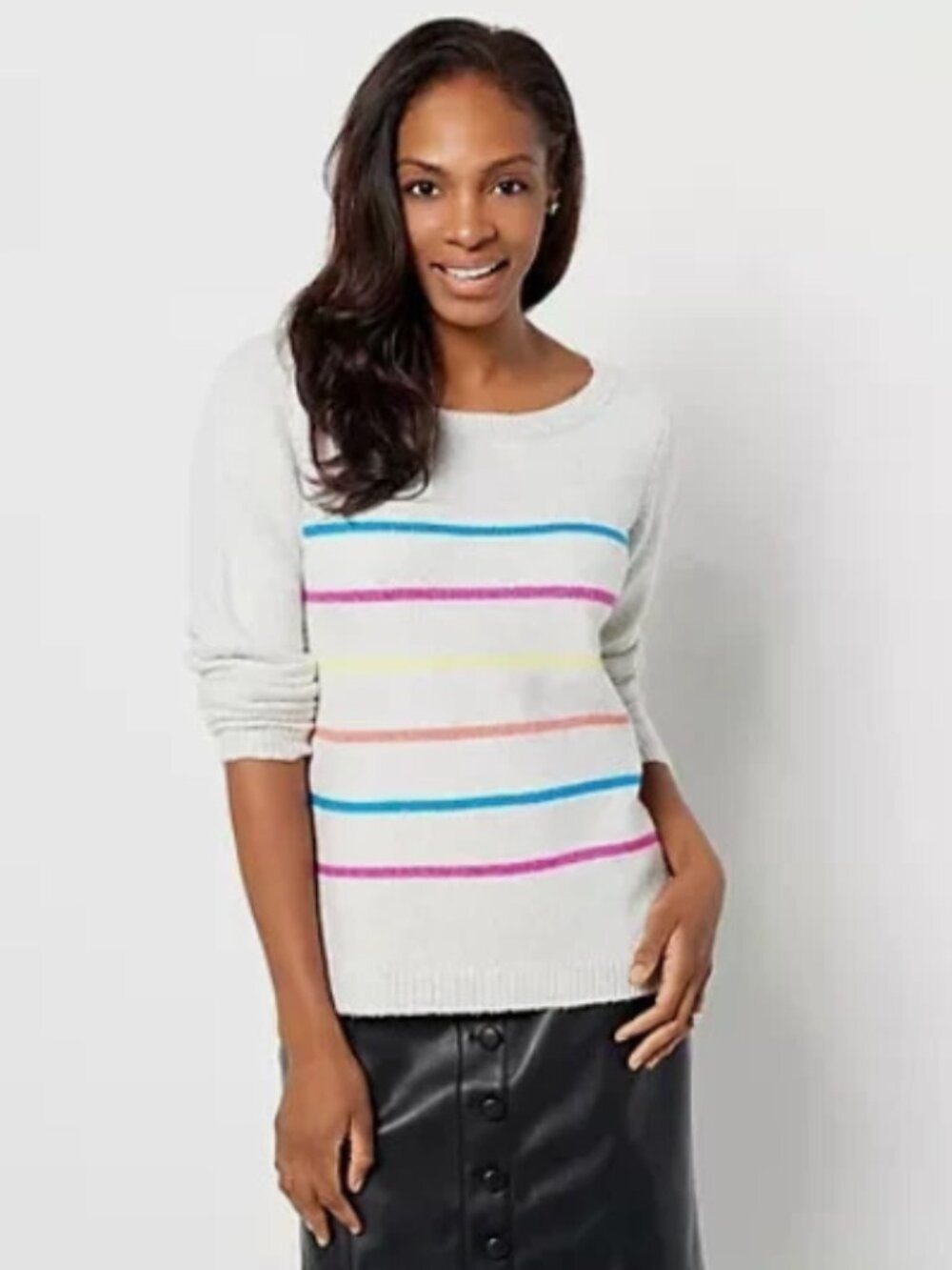 Candace Cameron Bure Boatneck Striped Sweater-Sft Hthr Grey-5X A462106